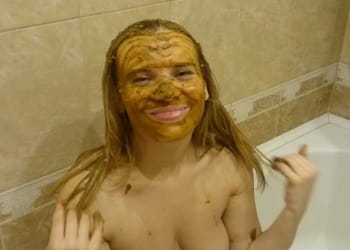 Blonde toilet wife smear fresh waste on hair